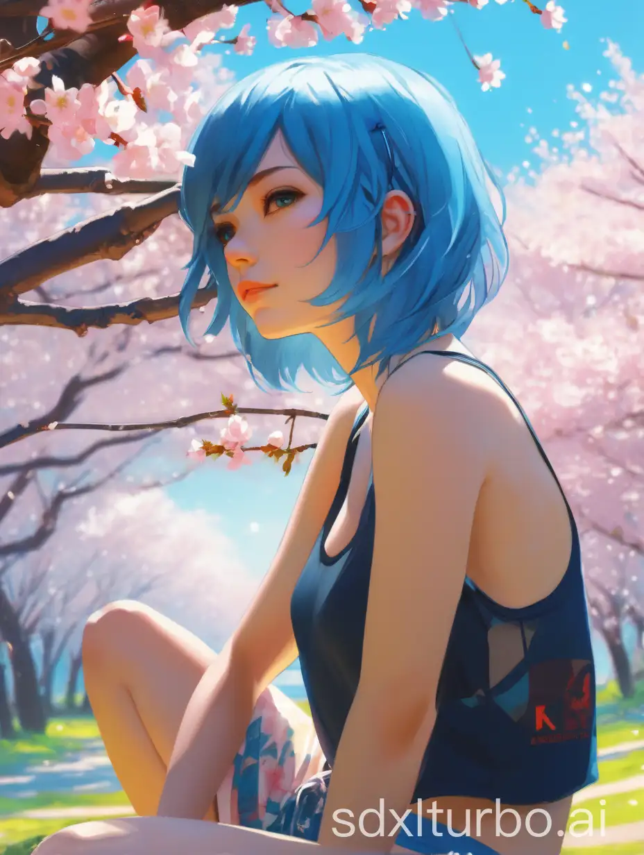 hd photograph of a pretty girl with blue hair, wearing a tank top and shorts, relaxing under a cherry blossom tree, summer day, in the style of ilya kuvshinov, dramatic lighting, fantasy, intricate, elegant, highly detailed, lifelike, photorealistic, digital painting, bokeh, hdr, high resolution, artstation, concept art, smooth, sharp focus, art by krenz cushart and albert aublet