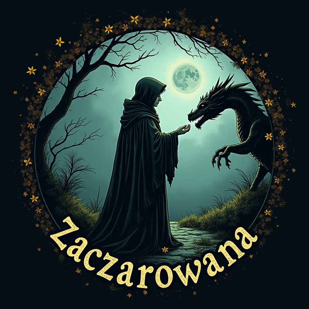 Graphics in a dark fantasy style circle. Dark sky, enchanted garden. Sorceress in a cloak, stroking a magic dragon. Around the inscription 'Zaczarowana'