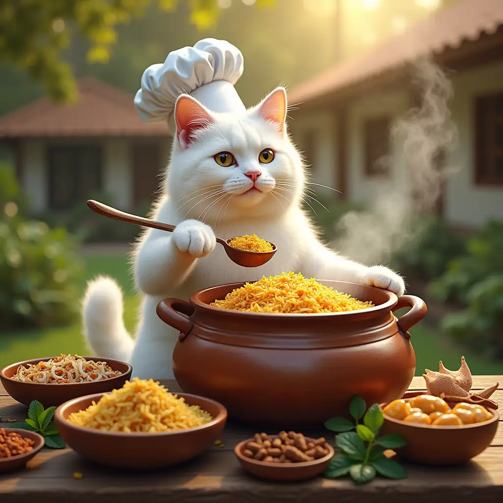 The oversized white cat, its chef’s hat slightly askew, stands upright at the rustic wooden table beside a large, traditional clay pot. With a ladle in its right paw, it carefully layers cooked basmati rice over the partially cooked chicken mixture inside the pot. Its left paw holds the edge of the pot steady. Surrounding the table are small bowls containing fried onions, saffron-infused milk, whole spices, and fresh herbs like mint and cilantro. The scene captures the richness of the biryani-making process, with bright colors from the saffron and herbs. Steam rises faintly from the clay pot, and the golden sunlight filtering through the lush garden adds a magical touch to the moment. The cottages in the background further enhance the rustic charm.