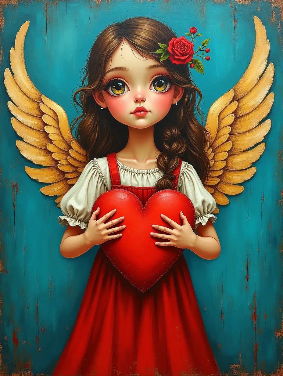 angel girl holding a heart painting, detailed painting inspired by ((giovanni giacometti)) [palette knife texture]: 1.4, :: olidon redon style, vintage - w 1 0 2 4, lively glow, turquoise and [venetian red]: 1.2, fine detail, award winning painting