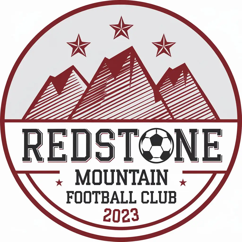 a vector logo design,with the text "REDSTONE MOUNTAIN FOOTBALL CLUB 2023", main symbol:3 red sketch-line mountains, 1 black and white soccer ball, 5 stars in the sky, overall round shape,Moderate,clear background