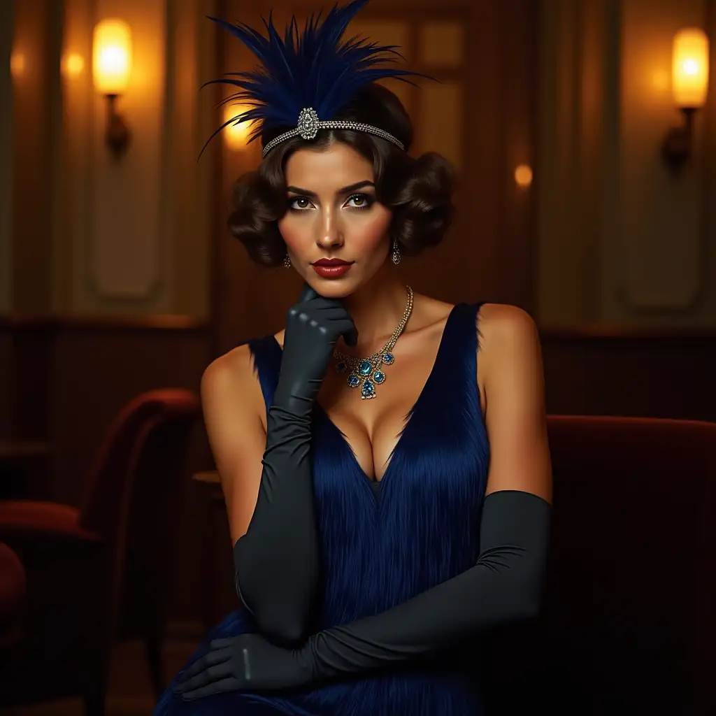 Portrait of the sultry fashion queen of the 1920s. She exudes confidence and self-control in the luxurious atmosphere of a smoky club inspired by the works of the Great Gatsby. Her extravagant blue fringed dress shimmers in the warm golden light, she wears elbow-length gloves, wavy hairstyle, an elegant feather headband on her head, elegant hands, rich jewelry with sapphires and aquamarines, surrounded by soft, velvety shadows of a luxurious retro bar, where every detail seems to whisper stories about a bygone era glamour and excess.