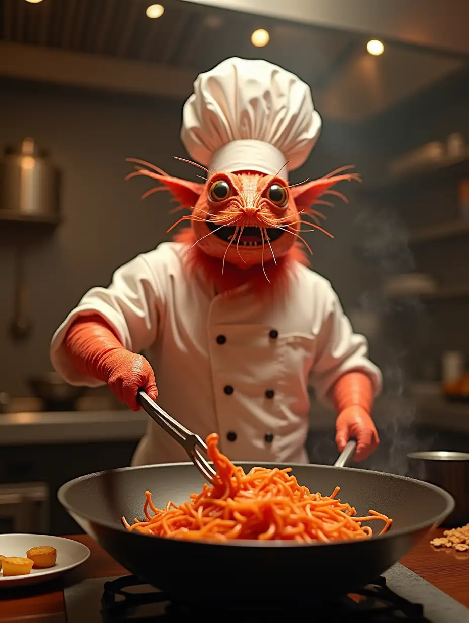 Anthropomorphic Shrimp Chef Cooking in Chinese Restaurant Kitchen