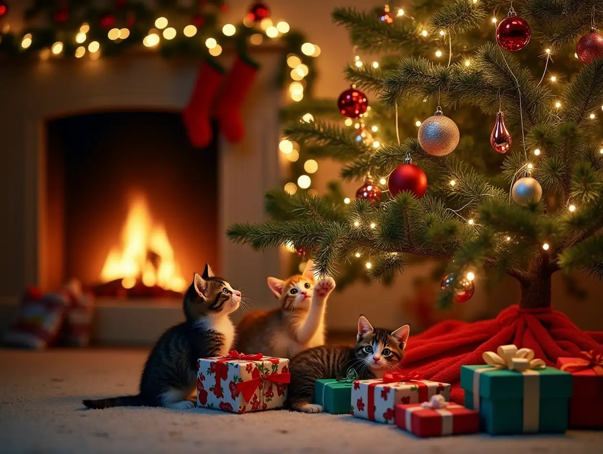 A cozy Christmas living room scene featuring a beautifully decorated Christmas tree adorned with twinkling lights, shiny ornaments, and a glowing star at the top. Beneath the tree, colorful wrapped presents are scattered, with playful kittens interacting with the festive decorations. Some kittens are curiously pawing at the ribbons on the gifts, others are climbing gently among the branches, and one is nestled in a warm blanket near the base of the tree. The atmosphere is joyful and warm, with soft light from the fireplace adding a golden glow, evoking the happiness and charm of the holiday season.