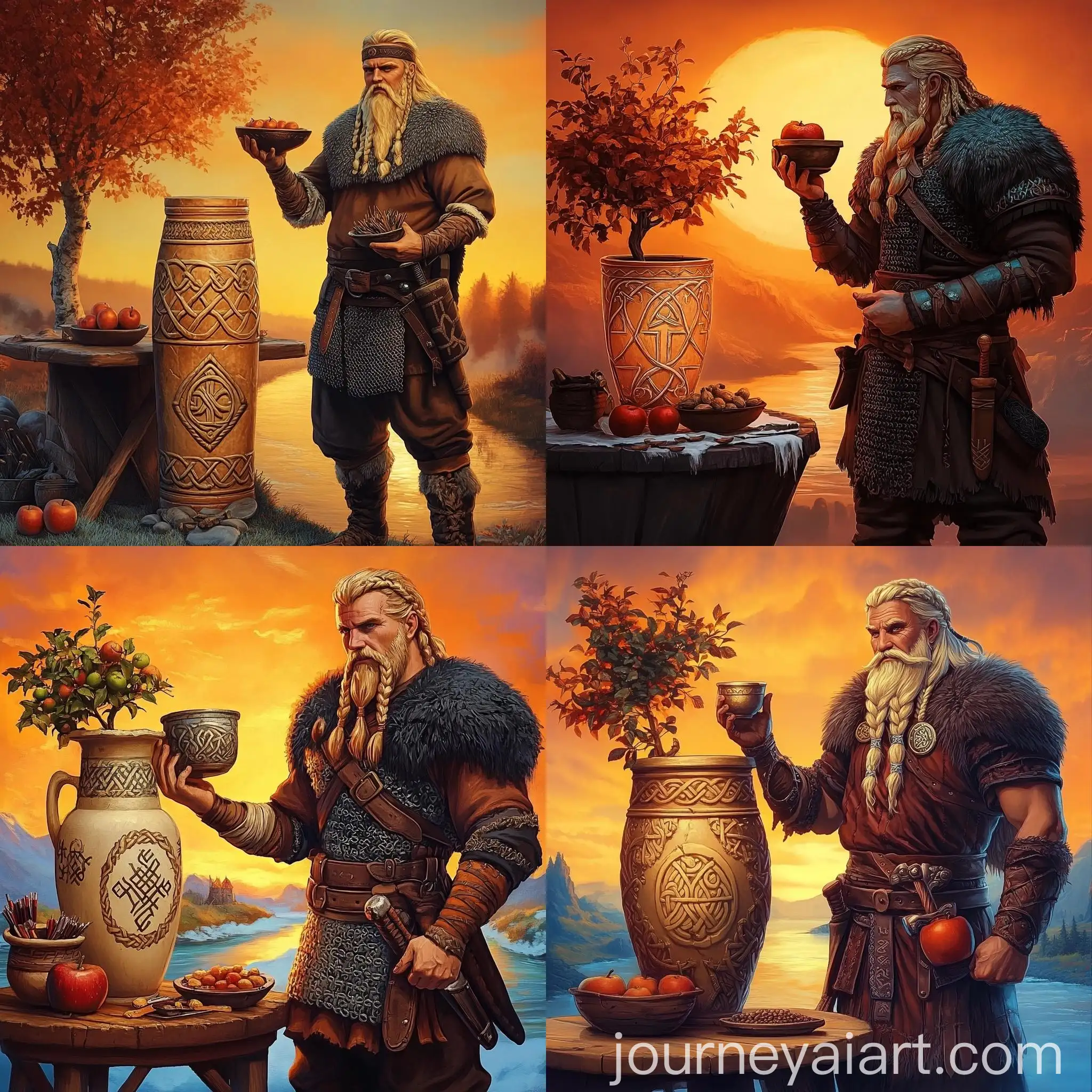 Viking-Male-with-Engraved-Vase-and-Apple-Tree-at-Sunrise
