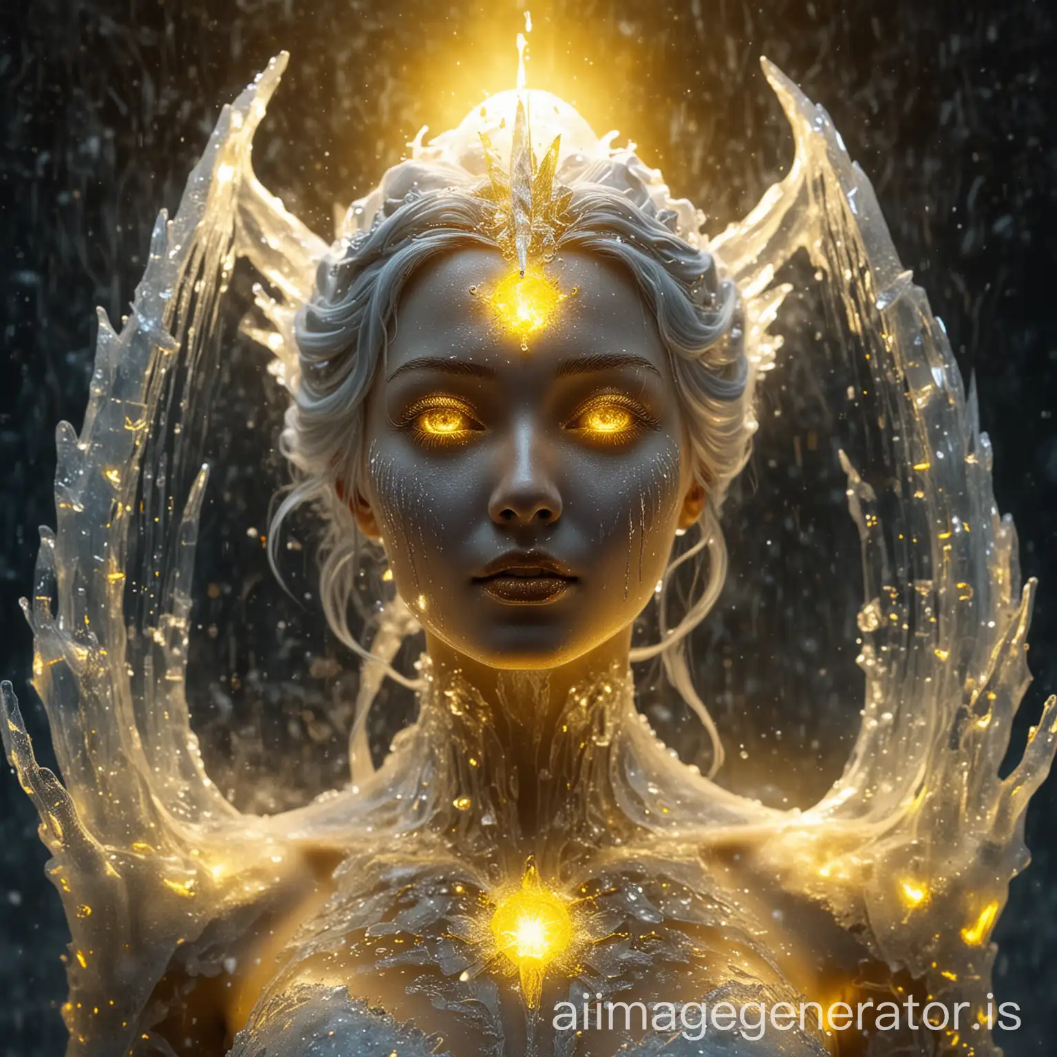 magical ice  goddess scupultures with yellow light coming from within