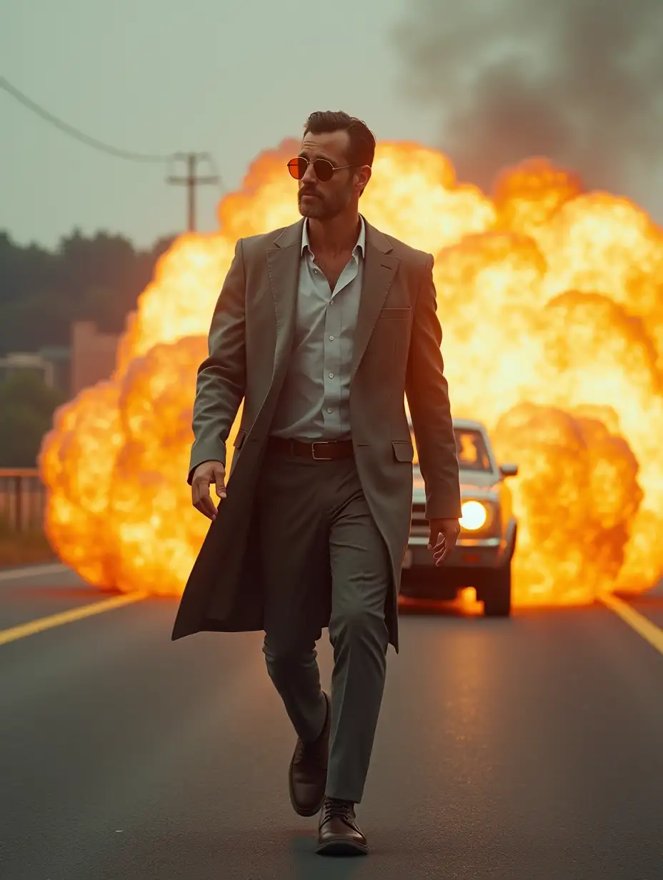 Man-in-Suit-Walking-Away-from-Exploding-Car-on-Highway-with-Sunglasses-and-Cigarette