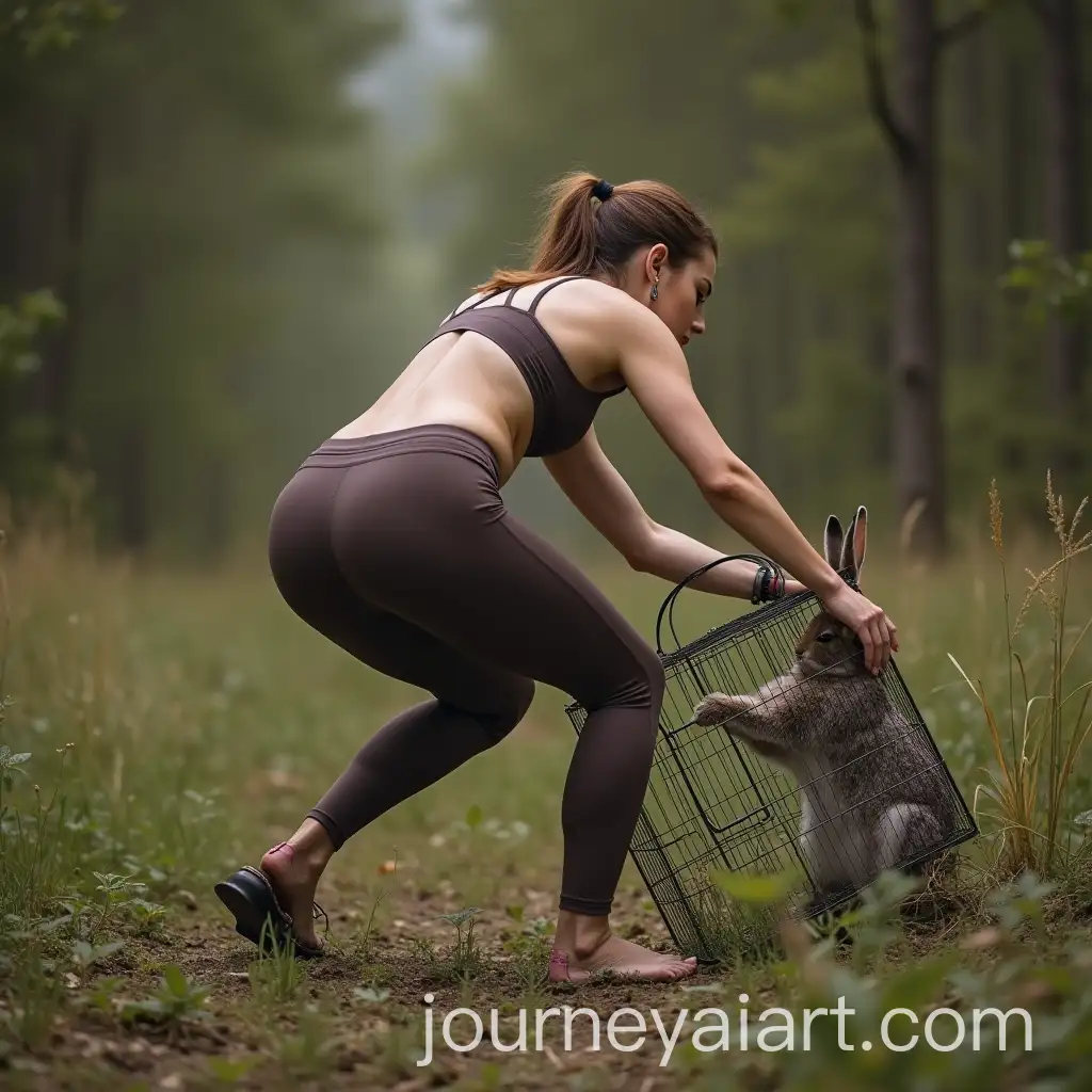 Woman-Placing-Wild-Rabbit-in-Cage-While-Bending-Over-in-Tight-Pants