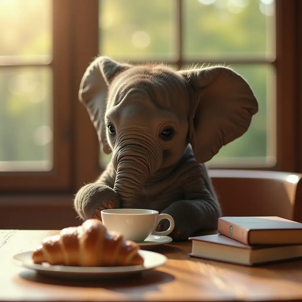 Young elephant sitting in the morning sun at a table drinking a coffee shot to get awaken. On the table is a croissant on a plate for breakfast and some anatomy medicine books