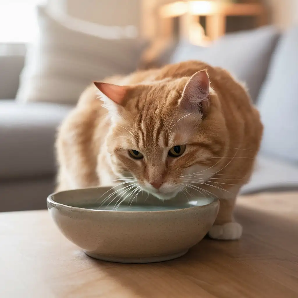 the cat drinks water. At home. Ginger cat.