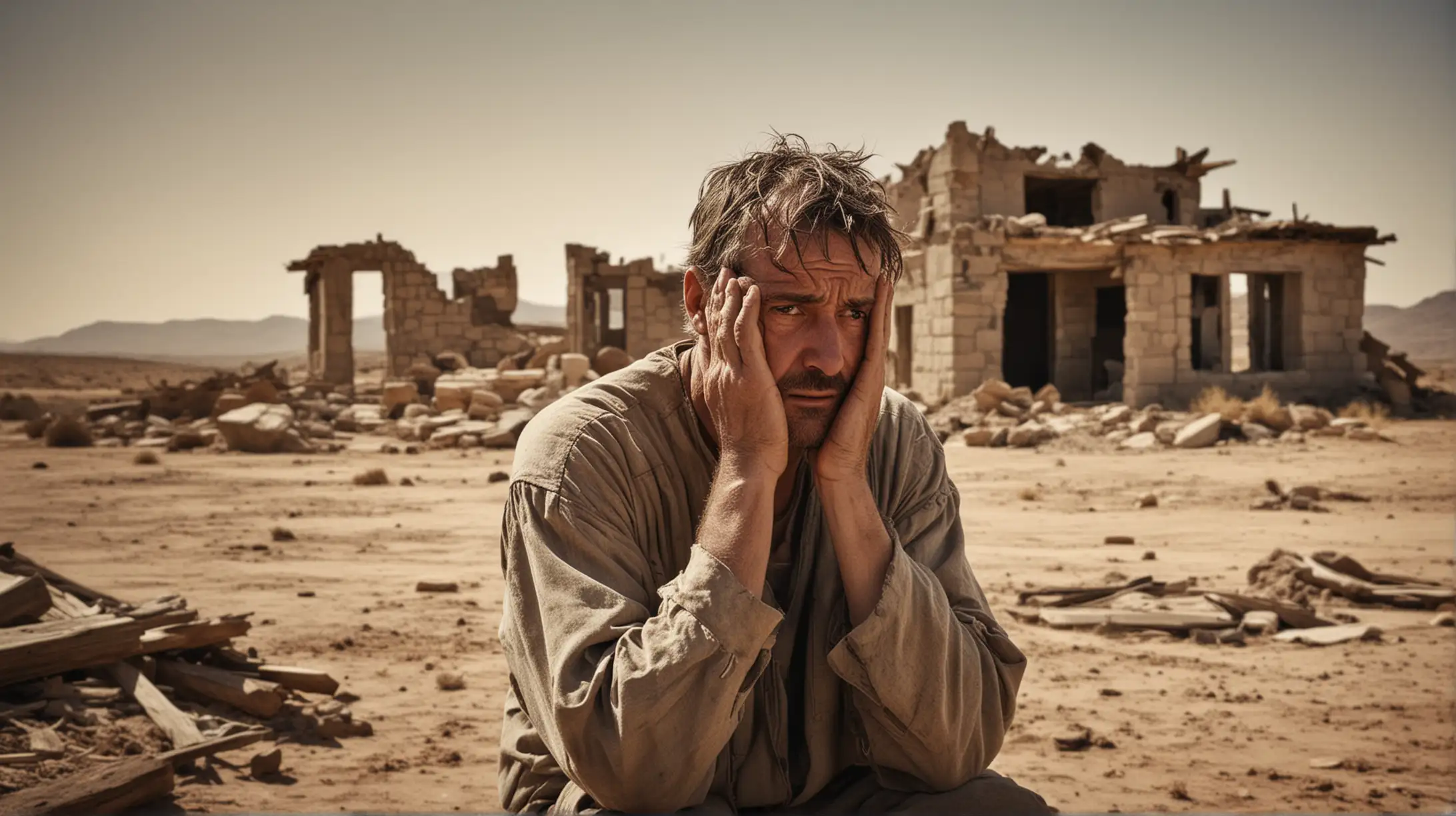 Middle Aged Biblical Figure in Desert Countryside Despairing Near Ruined House