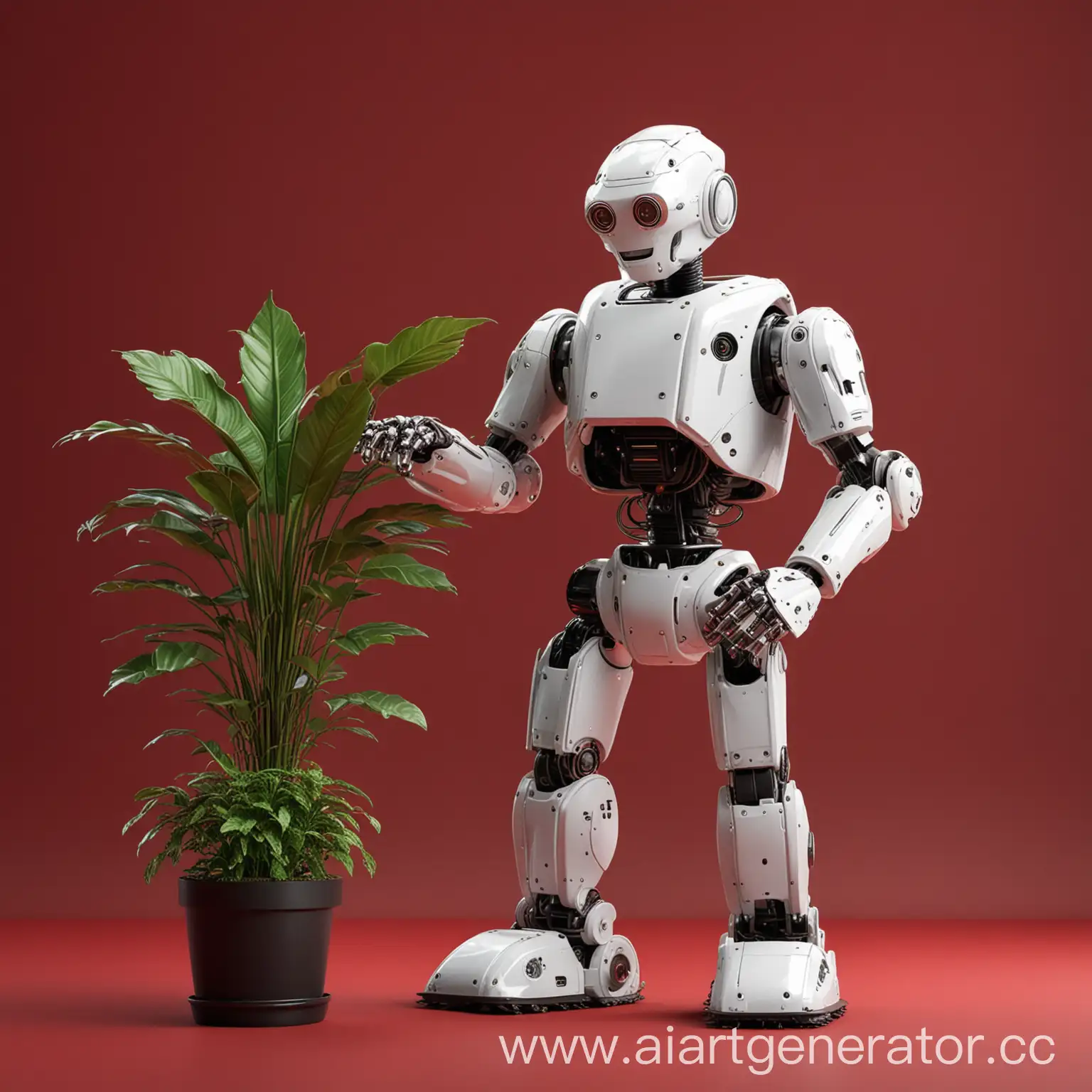 A white metal gardener robot, with a potted plant in his hands, looks new, lacquered, stylish, modern, grunge-style, on a black and red background. 3D visualization, rendering, realistic style