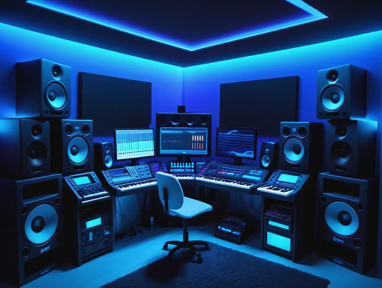 A close up of a bedroom EDM music studio with cool blue lighting wall gradient