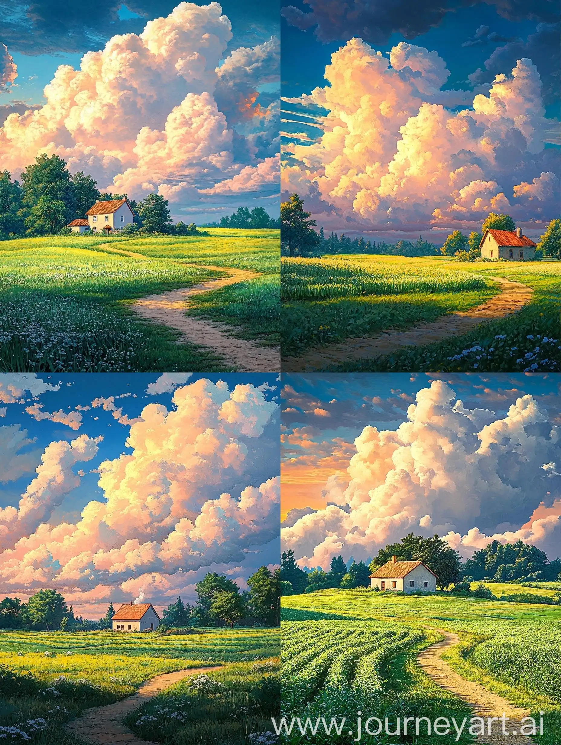 Serene-Rural-Landscape-with-Fluffy-Cumulus-Clouds-and-Orangeroofed-House