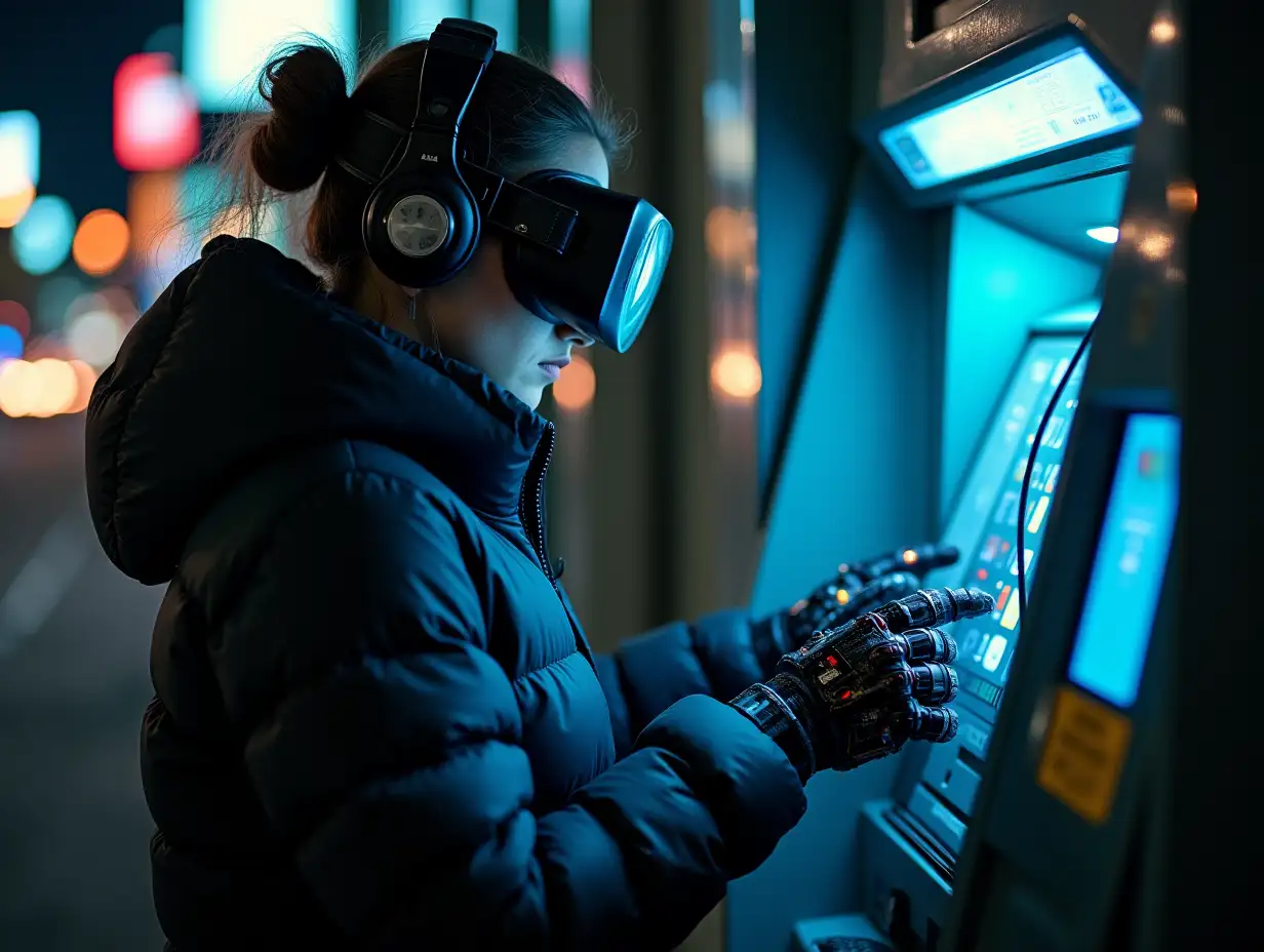 a young stealth female hacker on a street at night, programming atm machine, hands covered, wearing puffer jacket, cybernetic headband, vr goggles, headphones, smartwatch over electronic gloves, lots of wearable cyberpunk hardware, many wires connected from atm to gloves