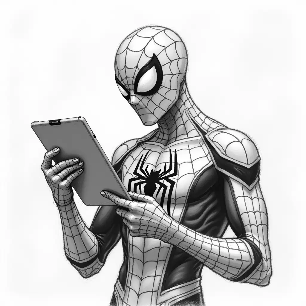 black and white charcoal illustration of spiderman in an action shot holding a digital tablet