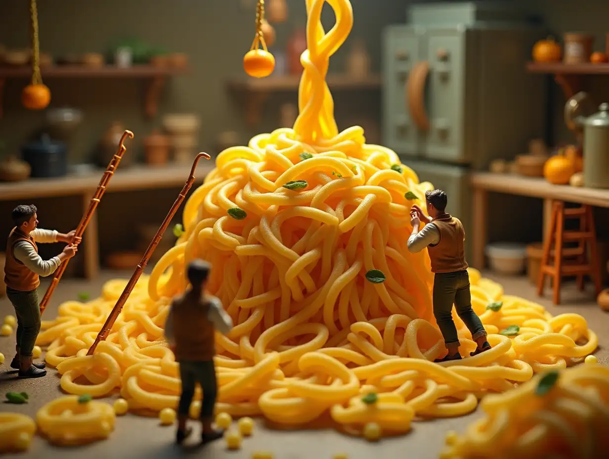 A tiny world workers are assembling a giant pasta, using ladders to place cheese, cranes lifting mint, a kitchen in the background, ultra-detailed, hyper-realistic textures, cinematic lighting, cozy Italian vibes.the workers are wearing Italian clothes