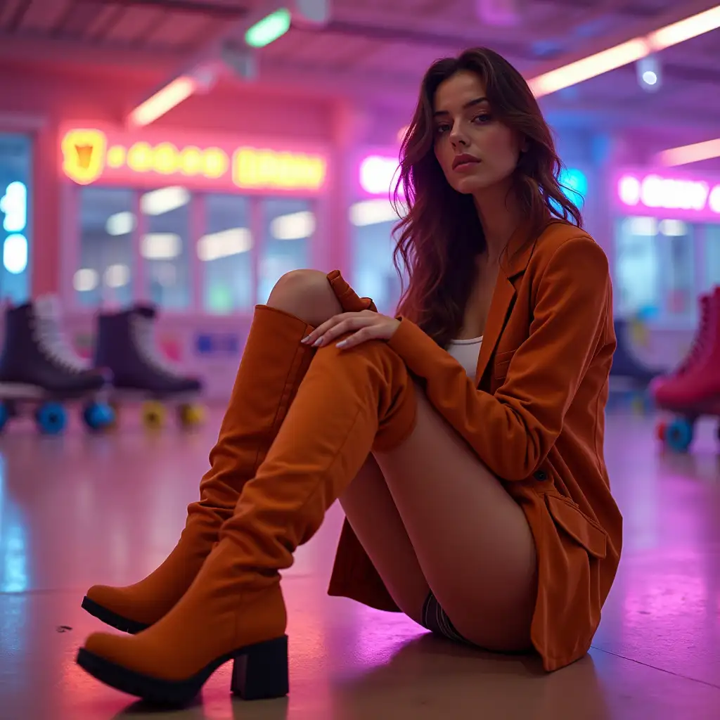 Trendy-Model-Showcasing-Caramel-KneeHigh-Boots-in-a-Neon-Roller-Skating-Rink