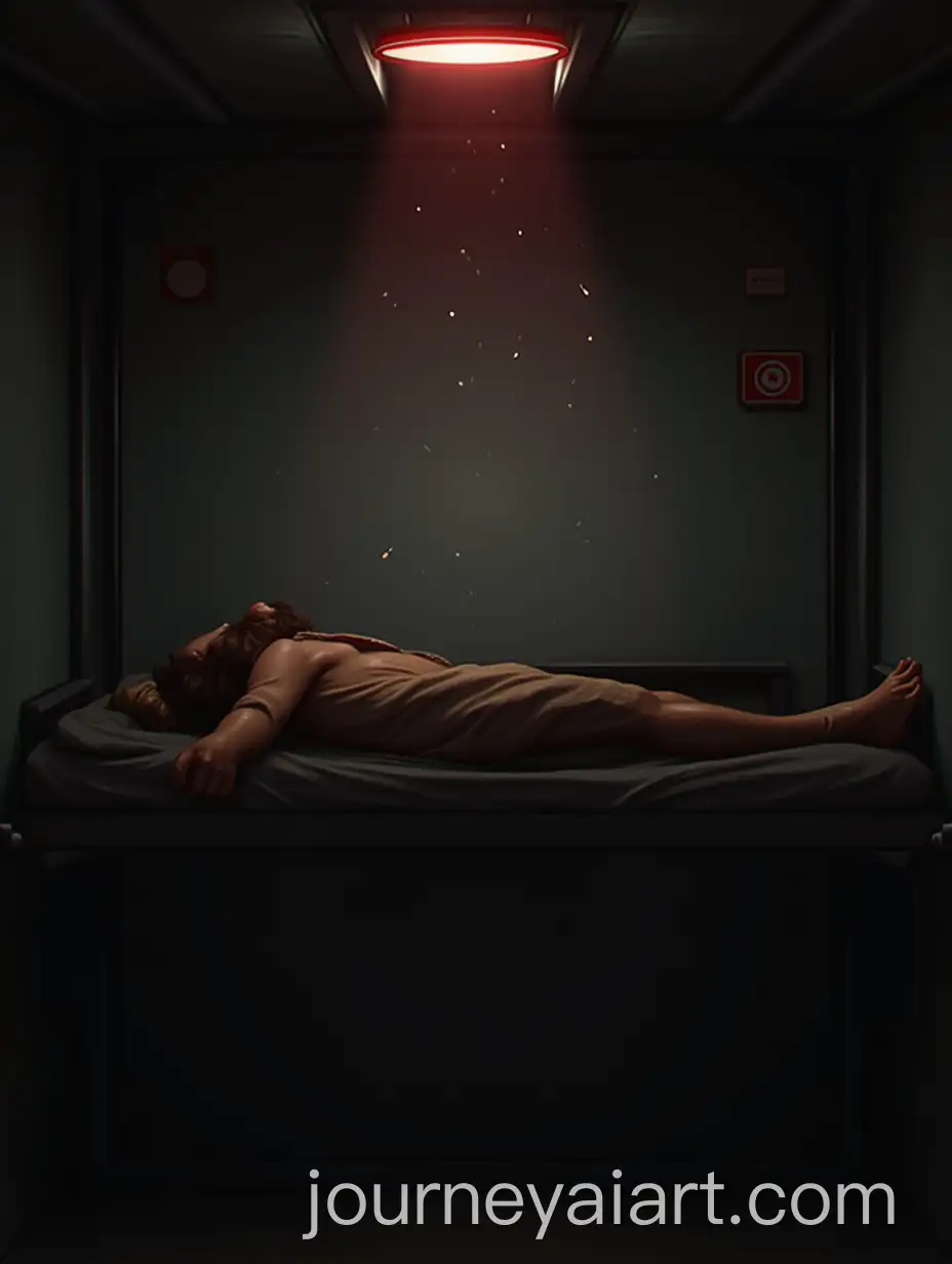 Person-Lying-on-Steel-Bunk-Bed-in-Dimly-Lit-Room-with-Explosion-Sounds