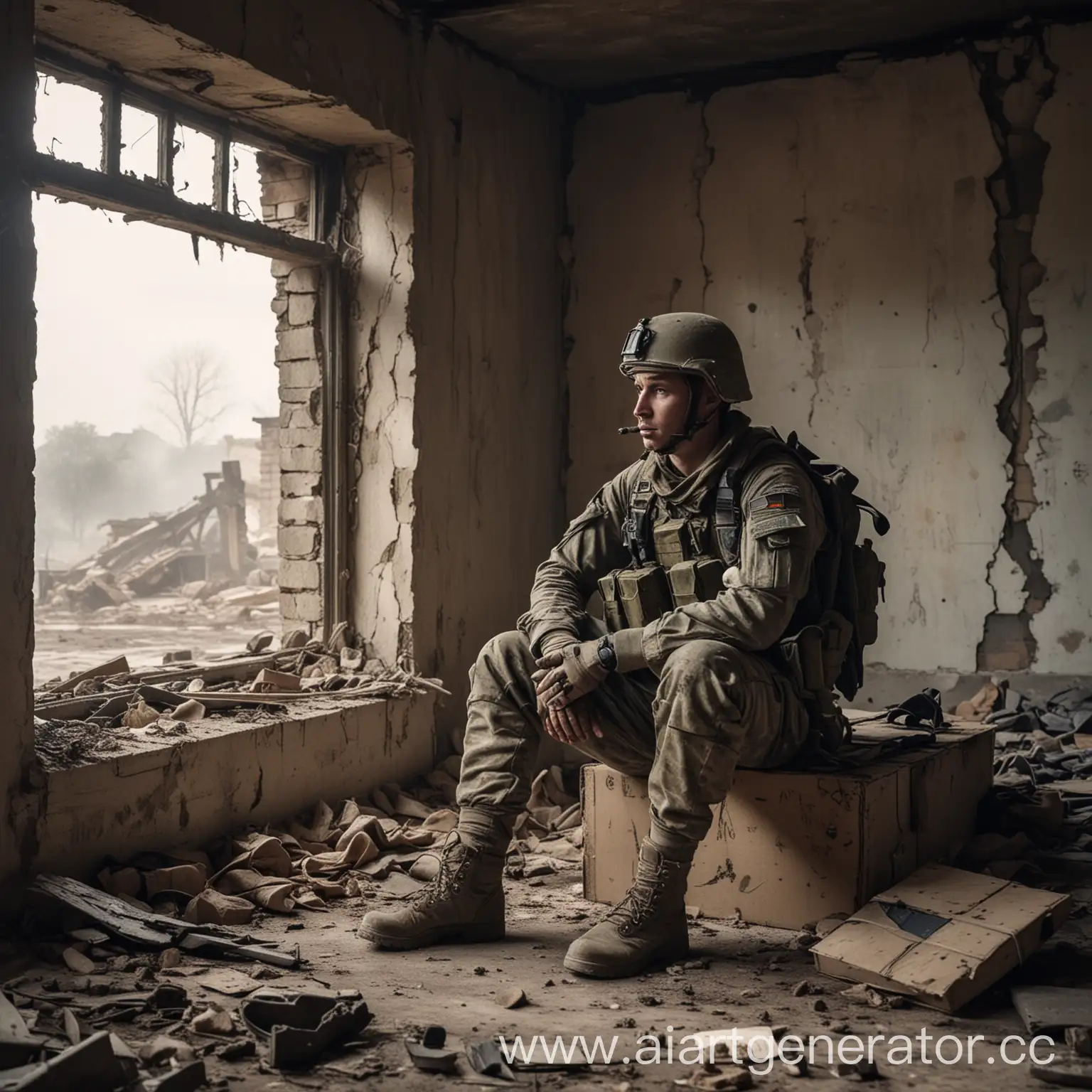 Modern-Soldier-in-Combat-Gear-Sitting-in-Ruined-House-Reflecting-on-Battlefield