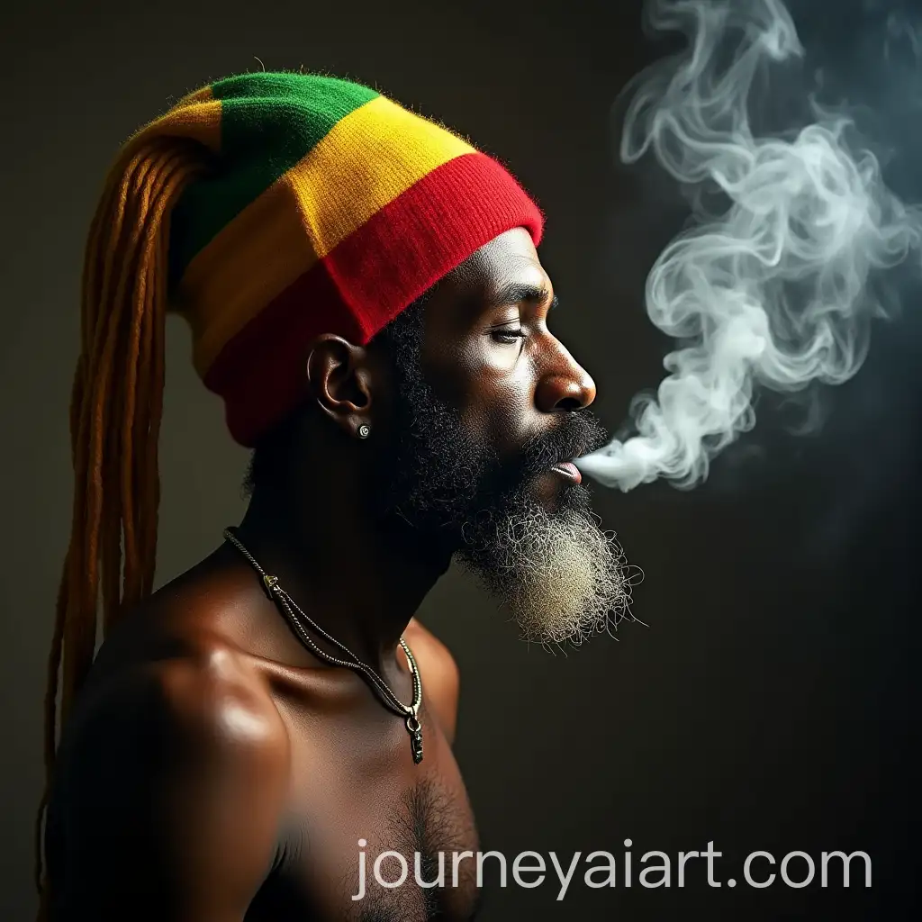 Rasta-Man-with-Long-Locks-Smoking-in-Profile-with-Unique-Sock-Hat