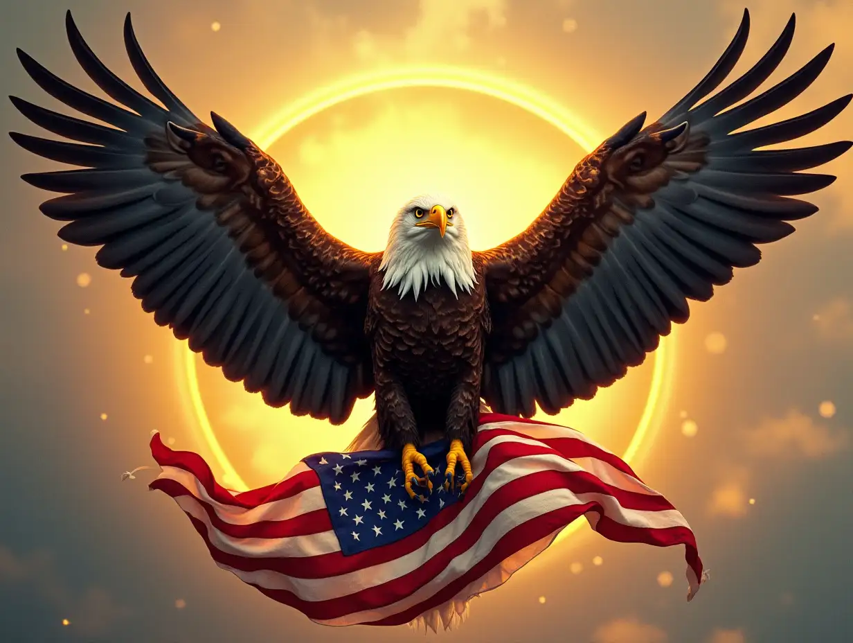 american bald eagle, wings spread wide, holding american flag in talons, yellow halo around it