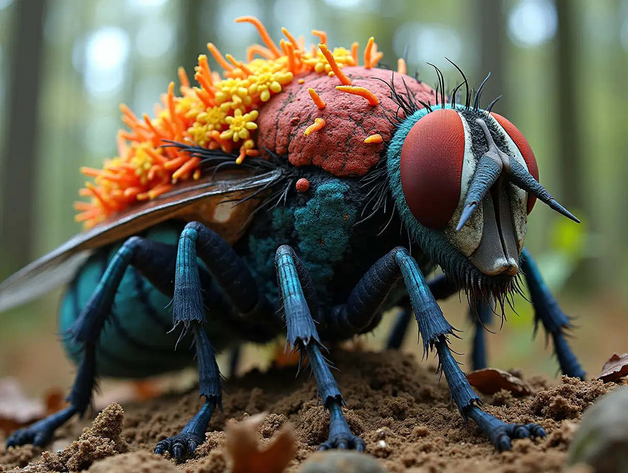 Face transformed into building with colorful Fly Agaric roots