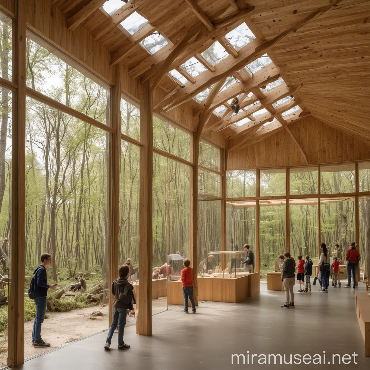 Children and Students in Wooden and Glass Exhibition Room in Wilderness