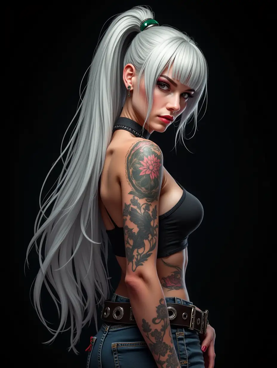 Depiction of a beautiful white woman with tattoos and long mixed white-black hair in a futuristic style and black background