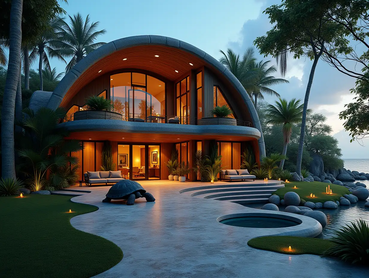 Crooked house with plants, a giant tortoise, a lit path to the beach. Triangular window shapes, large entrance steps made of marble complex, curved wooden roof with pond, glowing lanterns, benches with a view of the beach, 4K resolution, colorful, super wide-angle shots