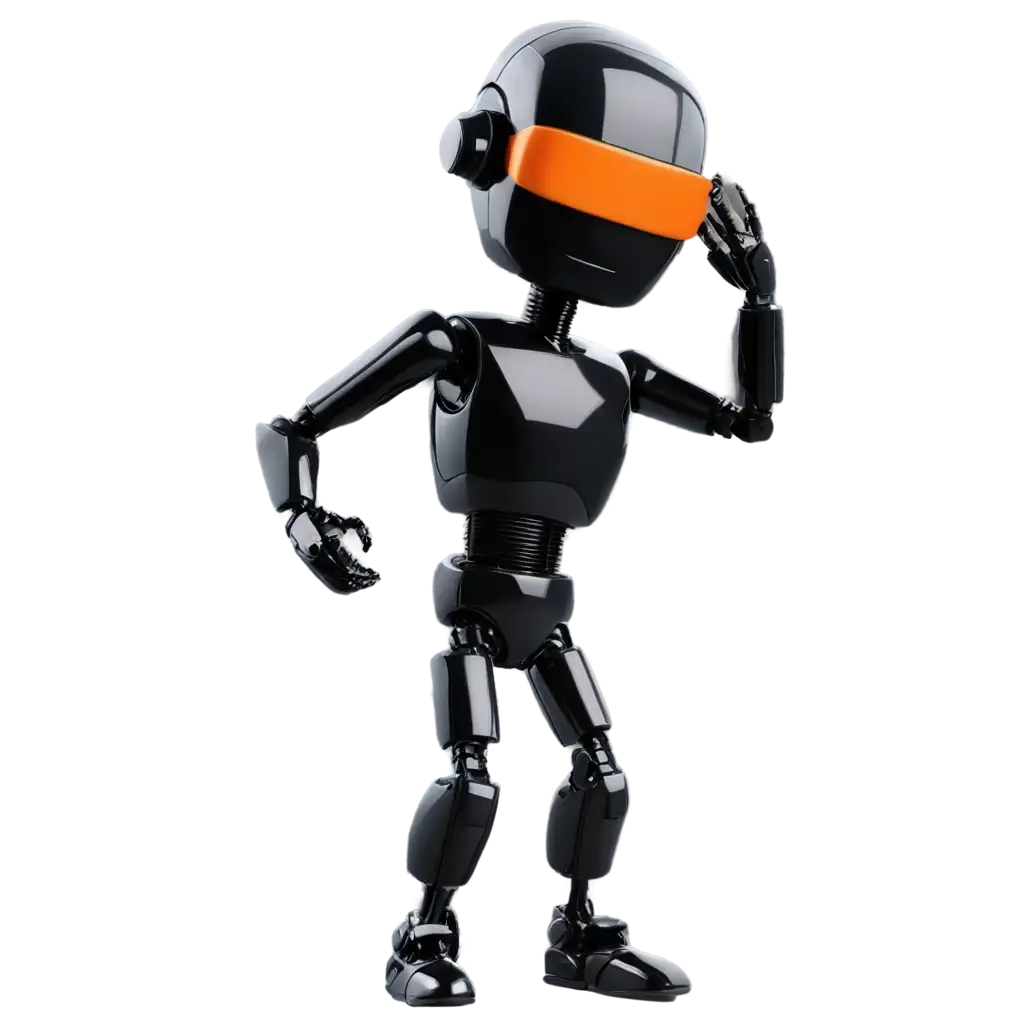 A glossy thief in black-like robot with a combination of black, orange and gray colors with blindfolds which is explaining a thing