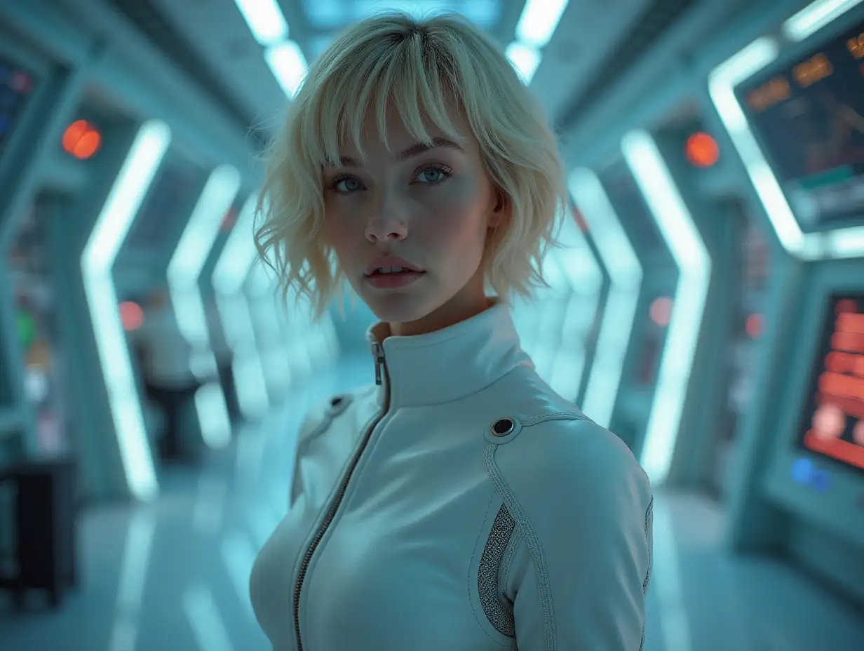 horor light, (RAW photo), extremely detailed, beautiful young woman, (((cool beauty))), white futuristic outfit, short blond hair,  in spaceship command center (Photorealistic :1.4), masterpiece, The best of qualities