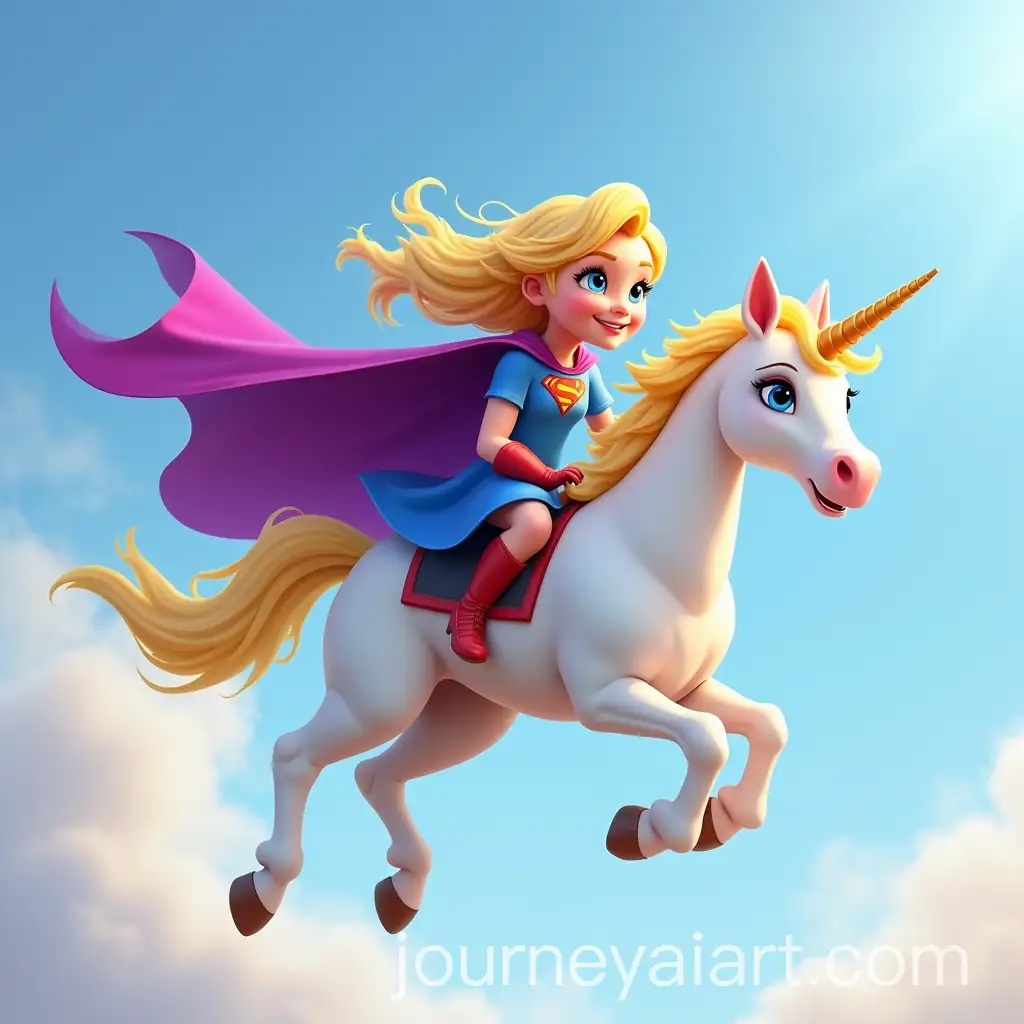 Young-Blonde-Superhero-Flying-with-Unicorn-and-Elsa-from-Frozen