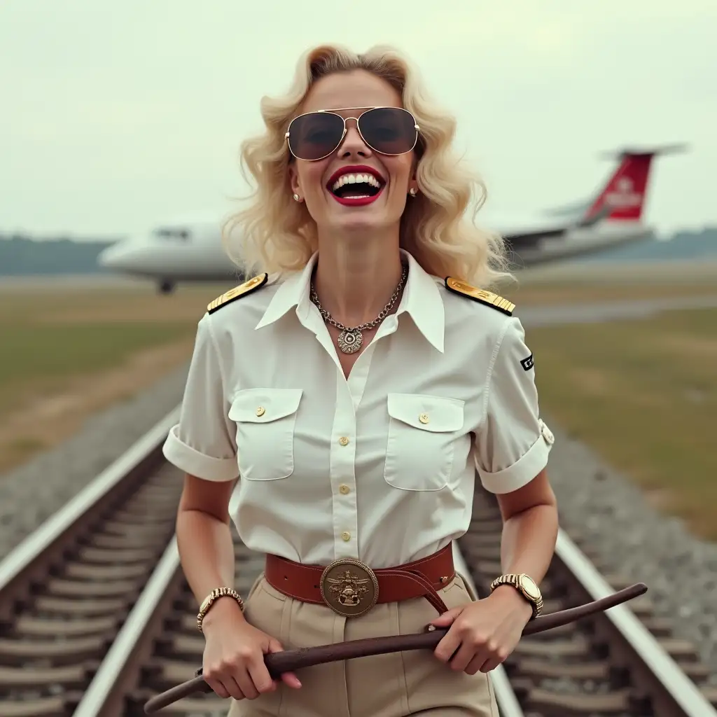 marolyn monroe, wearing an white button-up flight academy shirt, laughing with her mouth open, red lipstick accentuating her smile, accessorized with a stylish belt, holding a leather whip, jewerly, white skin, big wide hips, chest are fully grown, pilot sunglasses, two european lady walking on rails,