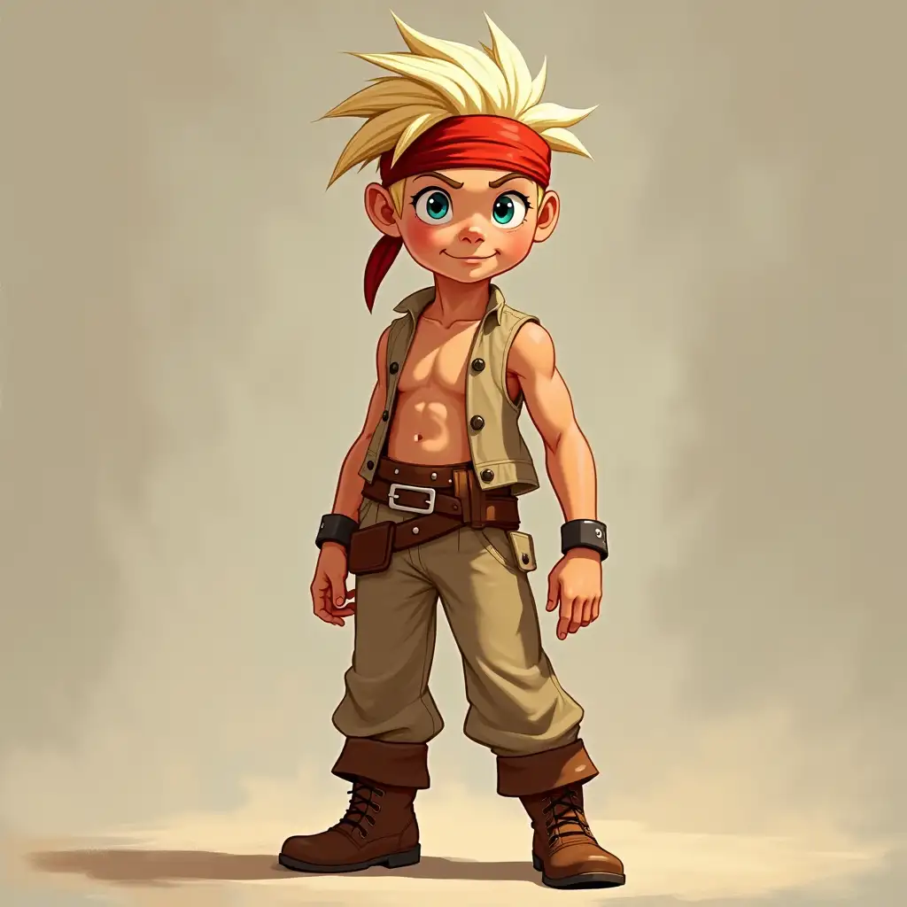 boy, child, 10 years old, sun bleached blonde hair, red headband, shirtless, small light tan sleeveless waist jacket open, light tan trousers, boots, pirate, ready for battle, determined.