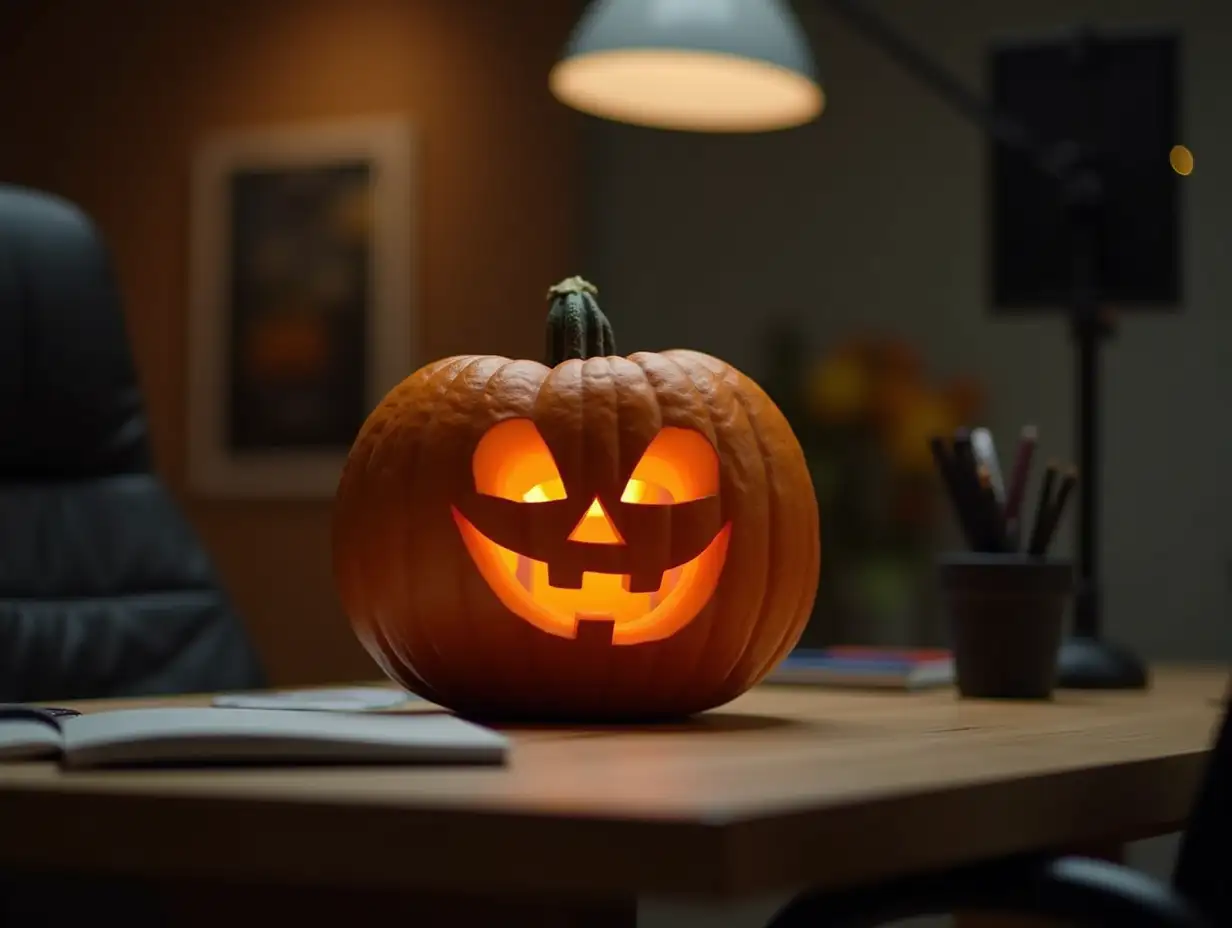 Halloween-Office-Decor-Carved-Pumpkin-on-Desk