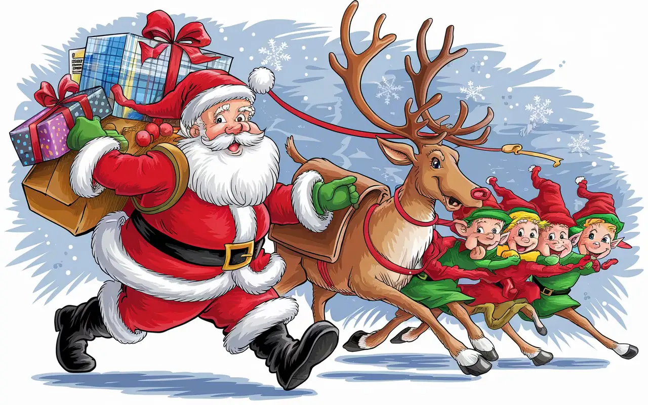 make clip art 4*4 set of images of set of santa clause in gettysburg rushing to get presents for christmas and elves and his riendeer  carrying VHS shadowboxes