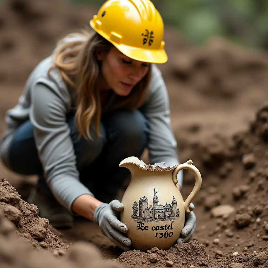 a female archaeologist, crouched, wearing a yellow construction helmet, discovers during the excavation of medieval castle ruins a pitcher broken in part and very damaged, matte color, with an engraved drawing of a 15th-century castle and the text 'Le castel 1390'. realistic full frame