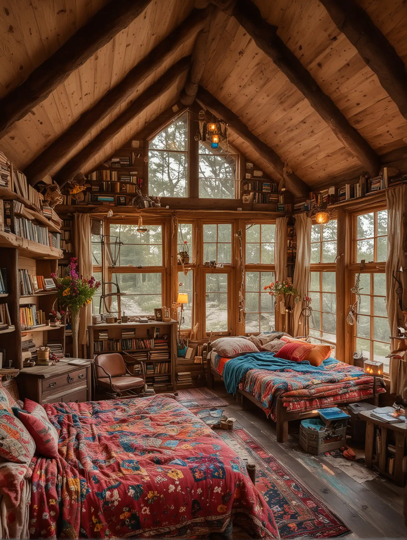 Amazing nice cabine bedroom organised well ,full of windows on all walls and ceiling, a heating stove.with colorful matresse
A fire pit ,many books ,in it a lote of flowers in the walls 