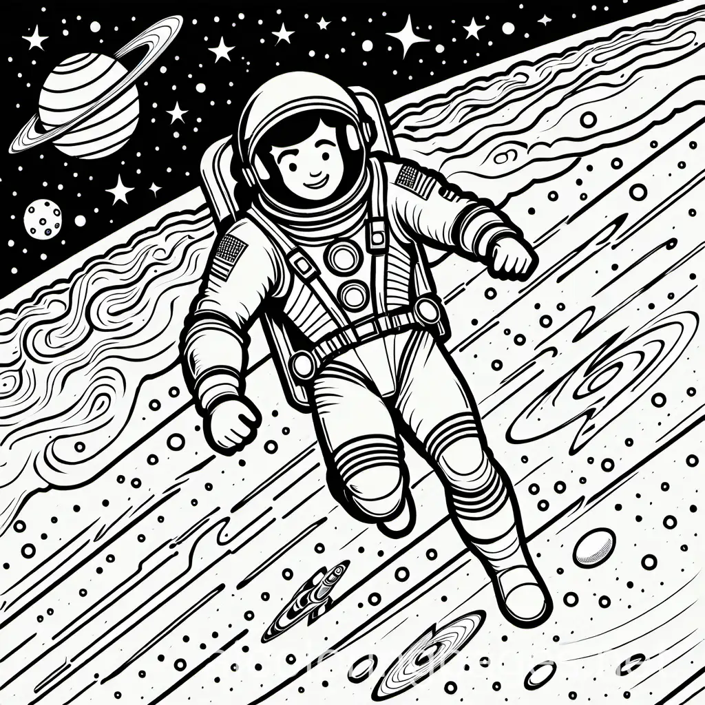 The superhero helps an astronaut return safely to Earth after a space accident, Coloring Page, black and white, line art, white background, Simplicity, Ample White Space. The background of the coloring page is plain white to make it easy for young children to color within the lines. The outlines of all the subjects are easy to distinguish, making it simple for kids to color without too much difficulty