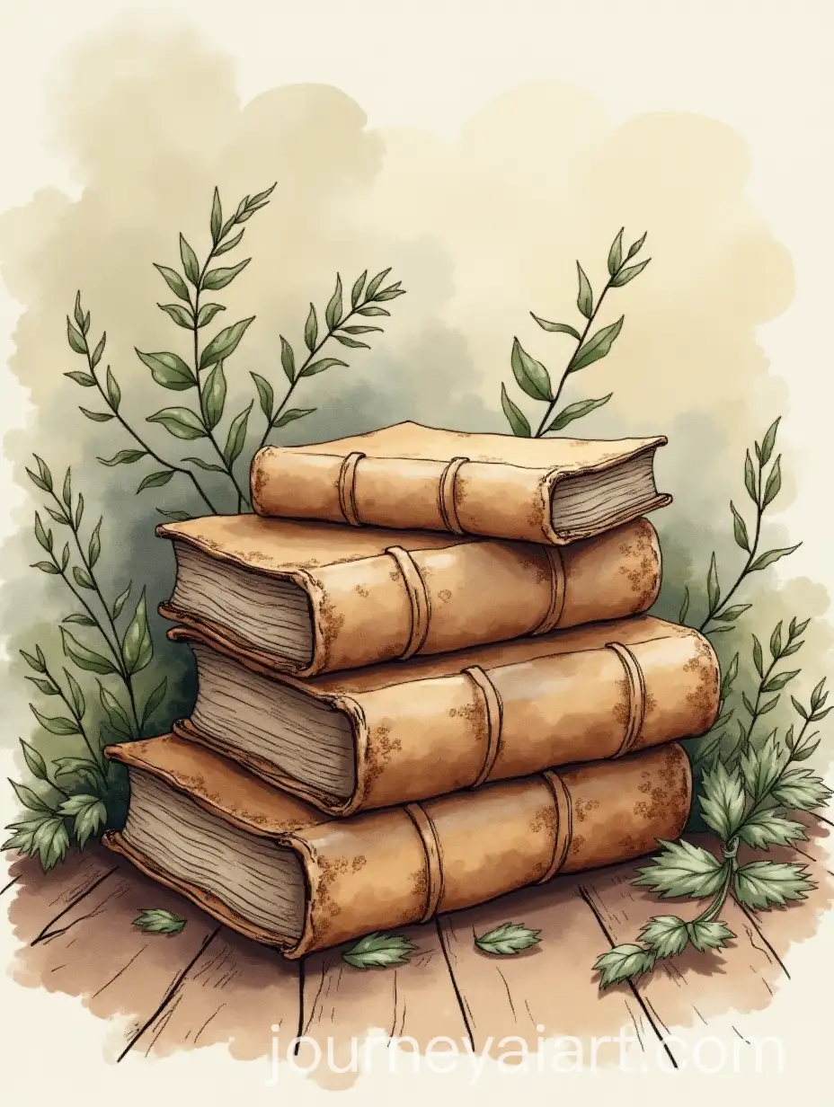 Tattered-Vintage-Leather-Books-Surrounded-by-Overgrown-Garden-in-Watercolor