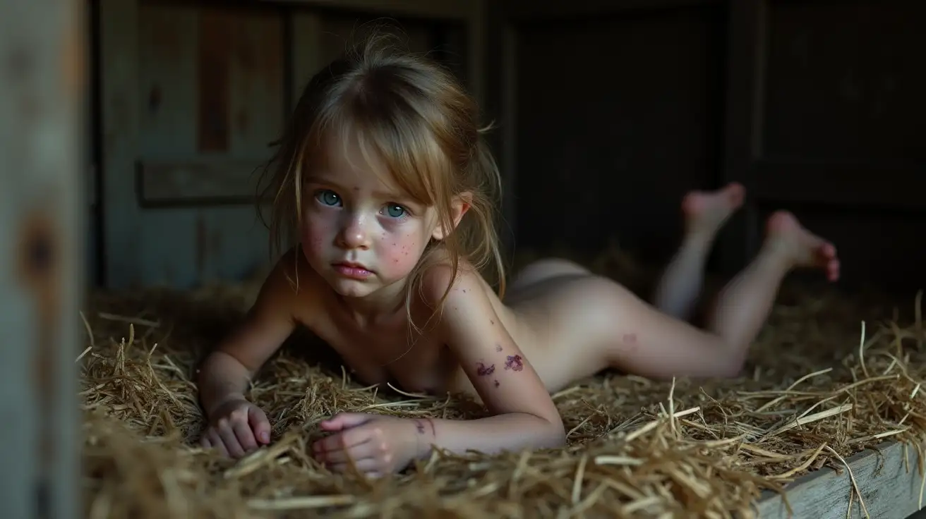 Frightened-Little-Girl-with-Cuts-and-Scrapes-Lying-in-an-Old-Wooden-House