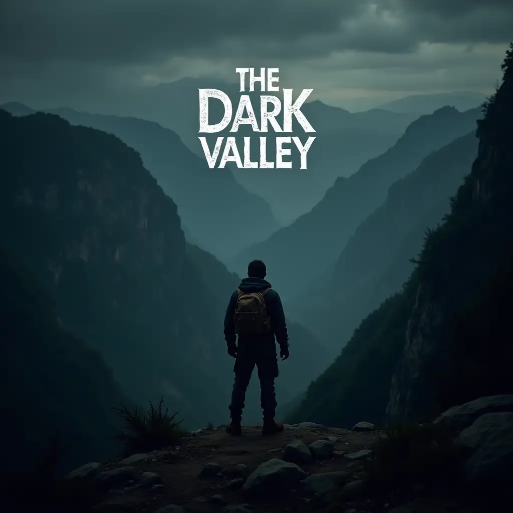an adventurer overlooking a dark valley and in the center of the screen are the letters 'The Dark Valley'