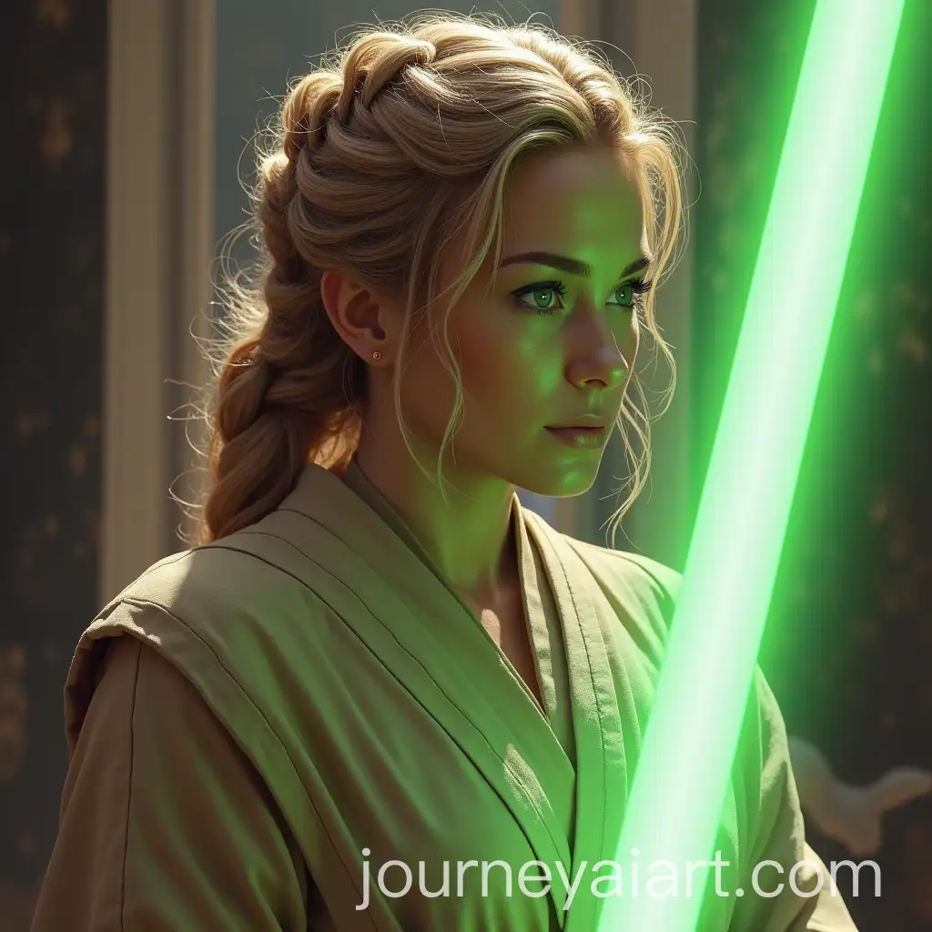 Blonde-Female-Jedi-with-Green-Lightsaber-in-Star-Wars-Universe