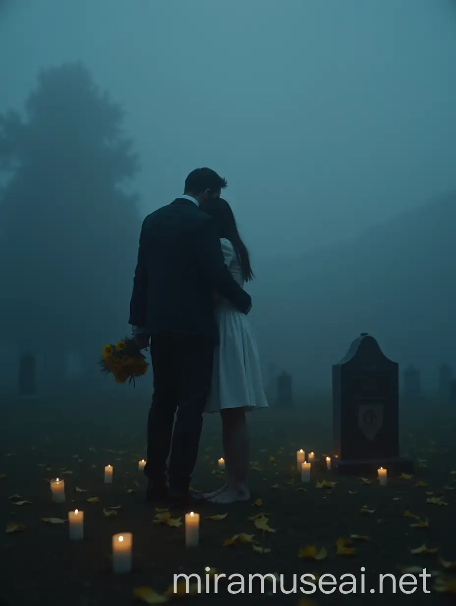 Mourning in Mist Man with Flowers at Grave in Surreal Atmosphere