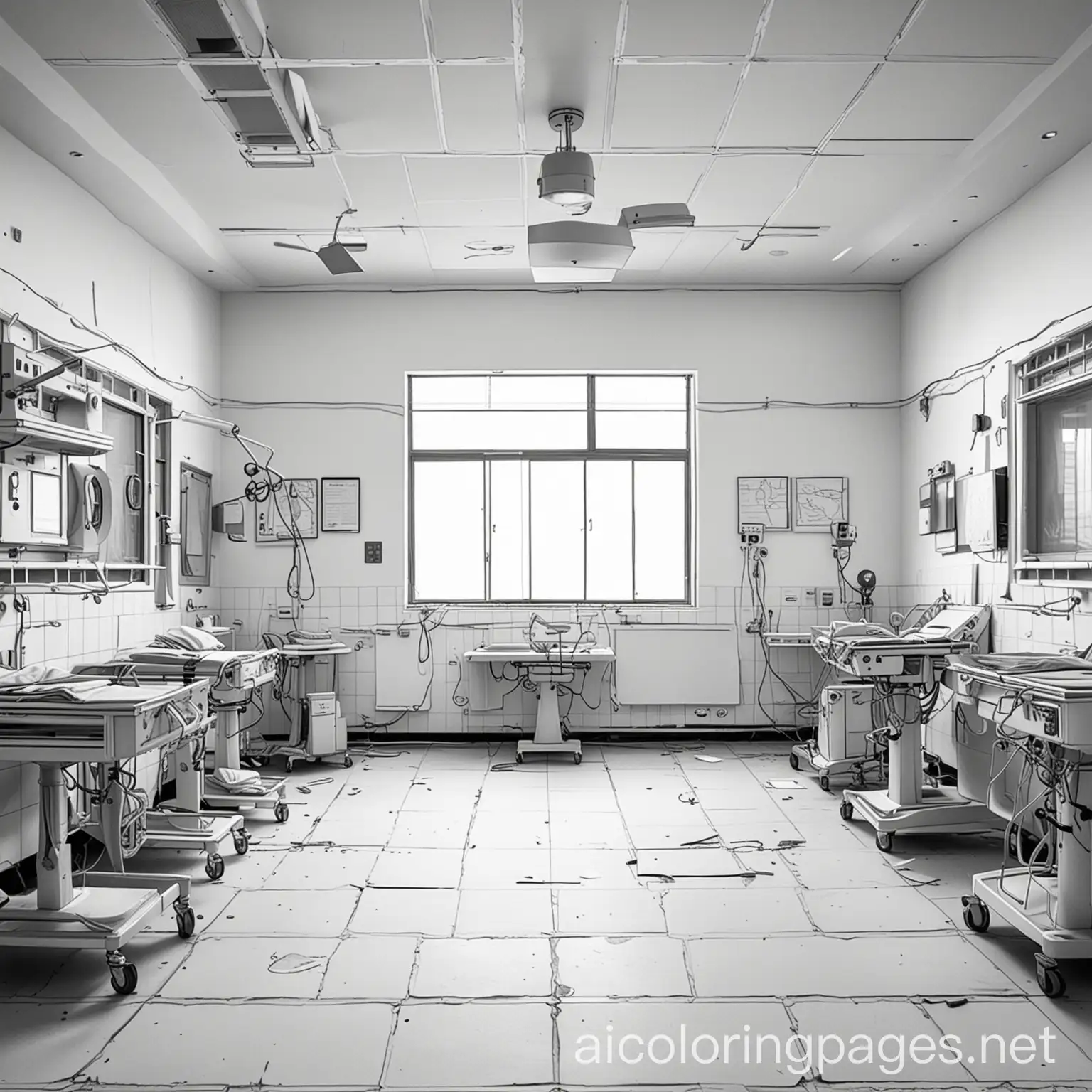 abandoned hospital operating room, Coloring Page, black and white, line art, white background, Simplicity, Ample White Space. The background of the coloring page is plain white to make it easy for young children to color within the lines. The outlines of all the subjects are easy to distinguish, making it simple for kids to color without too much difficulty