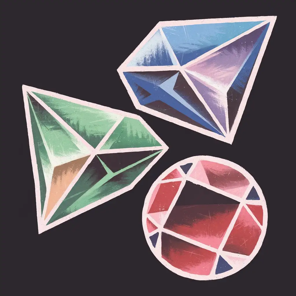 3 geometric gems, green, blue, and red, with sharp tapered tips, set against an all black background, pastel, white outline