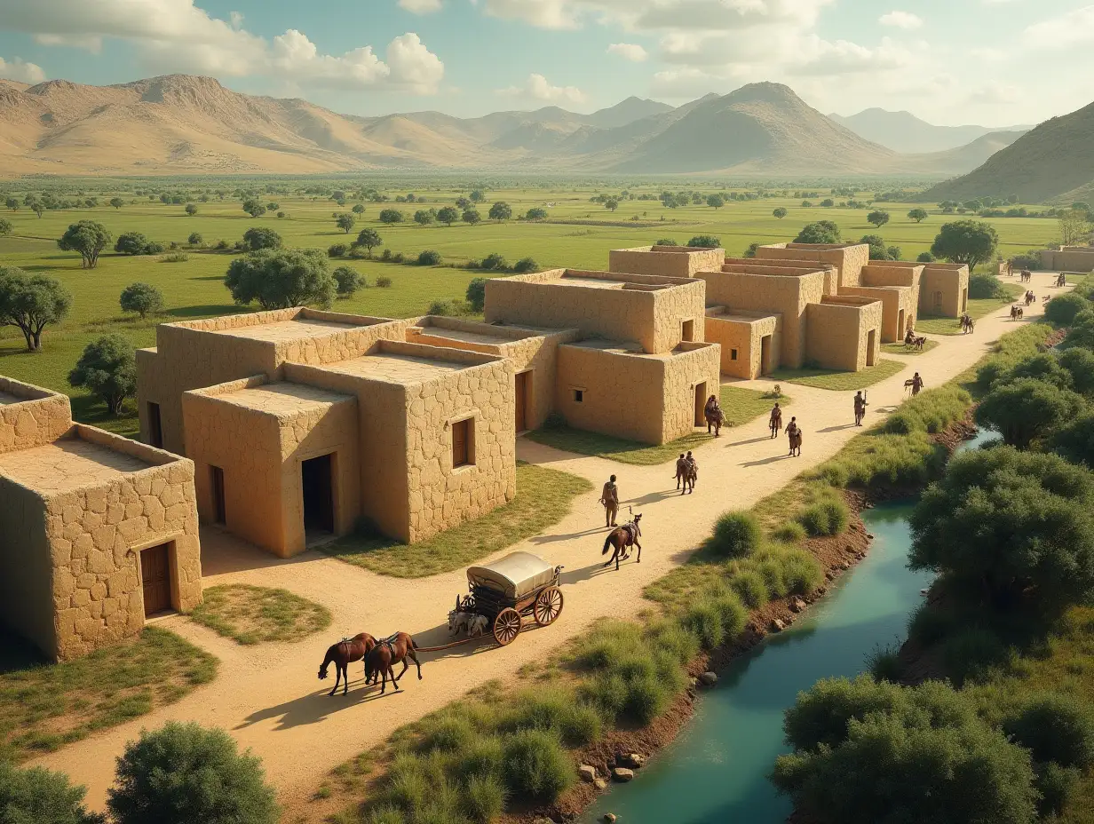 700 years BC, people building tens houses near green fields with trees and a river. the houses are made of beige color stones and the roofs are flat. also there are people gathering , and  many chariots pulled by horses and donkeys.