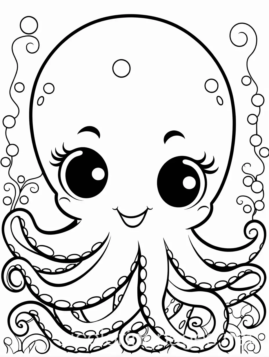 cute octopus, Coloring Page, black and white, line art, white background, Simplicity, Ample White Space. The background of the coloring page is plain white to make it easy for young children to color within the lines. The outlines of all the subjects are easy to distinguish, making it simple for kids to color without too much difficulty