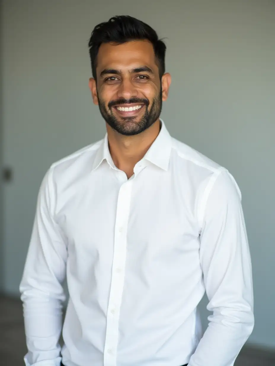 a confident looking, clean-shaven, indian corporate employee dressed in formal white shirt